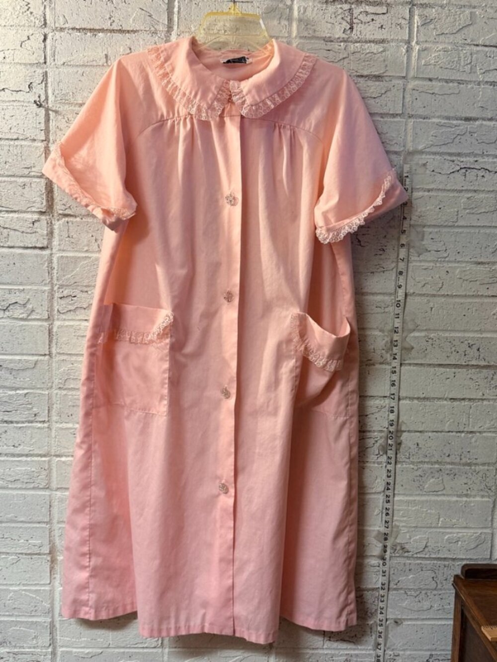 Vintage Saybury Pink House Dress Robe Lace Rhinestone Buttons Cottagecore